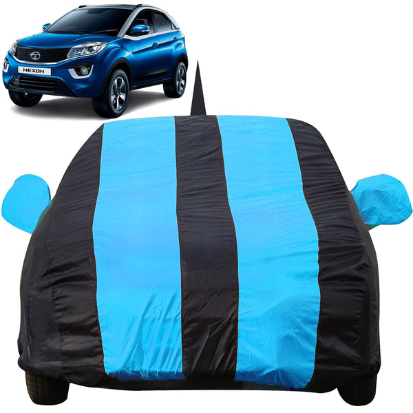 Autofact Nexon Car Cover - EasyShield - Car Body Cover for Tata Nexon - With Mirror Pockets, Triple Stitched, Bottom Fully Elastic, Adjustable Belt and Buckle (Teak Blue Stripes)
