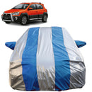 Autofact Etios Cross Car Cover - FlexGuard - Waterproof Car Body Cover for Toyota Etios Cross - With Mirror Pockets, Triple Stitched, Bottom Fully Elastic, Adjustable Belt and Buckle (Silver / Blue Stripes)