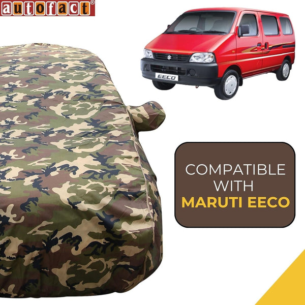 Autofact Eeco Car Cover - TearTough - Dog Proof / Waterproof Car Body Cover for Maruti Eeco - With Mirror Pockets, Triple Stitched, Bottom Fully Elastic, Adjustable Belt and Buckle (Jungle Print 4x4)
