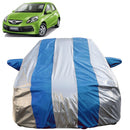 Autofact Brio Car Cover - FlexGuard - Waterproof Car Body Cover for Honda Brio - With Mirror Pockets, Triple Stitched, Bottom Fully Elastic, Adjustable Belt and Buckle (Silver / Blue Stripes)
