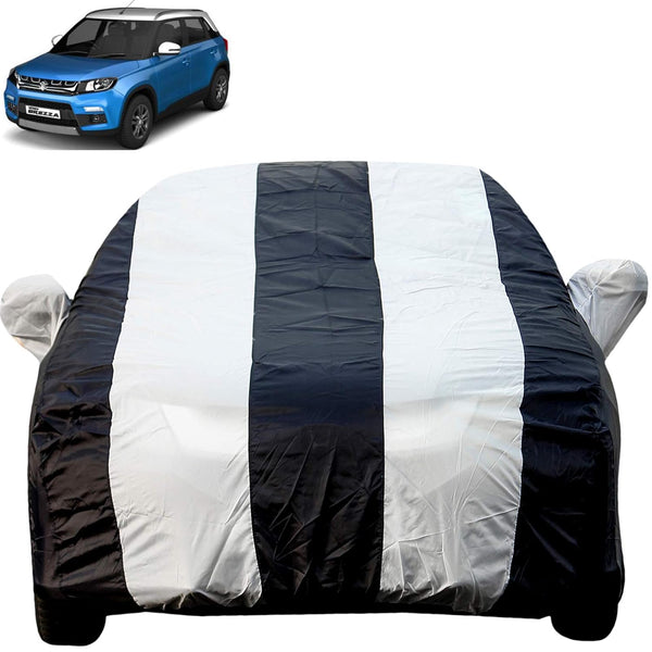 Autofact Brezza Car Cover - EasyShield - Car Body Cover for Maruti Brezza - With Mirror Pockets, Triple Stitched, Bottom Fully Elastic, Adjustable Belt and Buckle (White Blue Stripes)