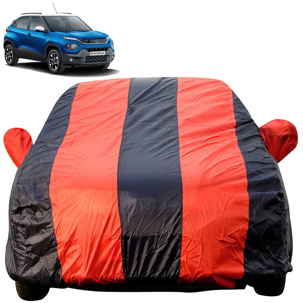 Autofact Punch Car Cover - EasyShield - Car Body Cover for Tata Punch - With Mirror Pockets, Triple Stitched, Bottom Fully Elastic, Adjustable Belt and Buckle (Red Blue Stripes)