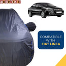 Autofact Linea Car Cover - CoreProtect - Water Resistant Car Body Cover for Fiat Linea - With Mirror Pockets, Triple Stitched, Bottom Fully Elastic, Adjustable Belt and Buckle (Grey 210D)