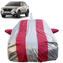 Autofact Creta New Car Cover - FlexGuard - Waterproof Car Body Cover for Hyundai Creta New - With Mirror Pockets, Triple Stitched, Bottom Fully Elastic, Adjustable Belt and Buckle (Silver / Pink Stripes)