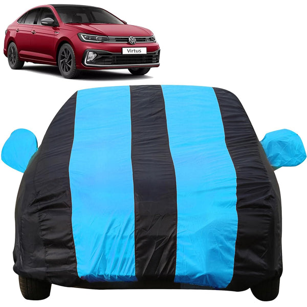 Autofact Virtus Car Cover - EasyShield - Car Body Cover for Volkswagen Virtus - With Mirror Pockets, Triple Stitched, Bottom Fully Elastic, Adjustable Belt and Buckle (Teak Blue Stripes)
