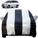 Autofact Innova Old Model Car Cover - EasyShield - Car Body Cover for Toyota Innova Old Model - With Mirror Pockets, Triple Stitched, Bottom Fully Elastic, Adjustable Belt and Buckle (White Blue Stripes)
