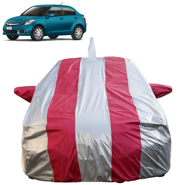 Autofact Swift Dzire 2012 to 2016 Car Cover - FlexGuard - Waterproof Car Body Cover for Maruti Swift Dzire 2012 to 2016 - With Mirror & Antenna Pockets, Triple Stitched, Bottom Fully Elastic, Adjustable Belt and Buckle (Silver / Pink Stripes)