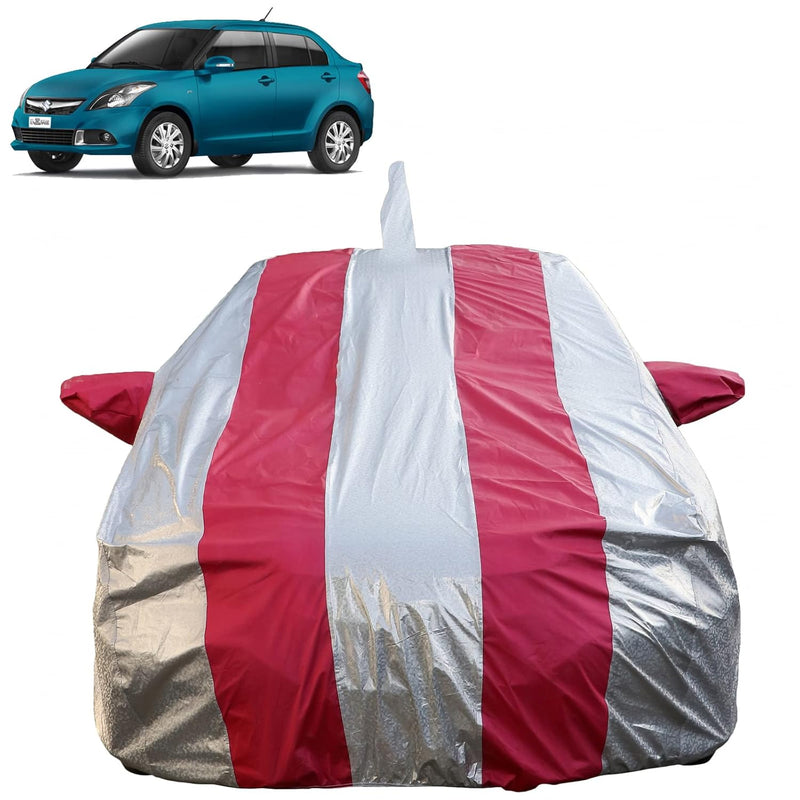 Autofact Swift Dzire 2012 to 2016 Car Cover - FlexGuard - Waterproof Car Body Cover for Maruti Swift Dzire 2012 to 2016 - With Mirror & Antenna Pockets, Triple Stitched, Bottom Fully Elastic, Adjustable Belt and Buckle (Silver / Pink Stripes)