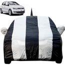 Autofact Polo Car Cover - EasyShield - Car Body Cover for Volkswagen Polo - With Mirror Pockets, Triple Stitched, Bottom Fully Elastic, Adjustable Belt and Buckle (White Blue Stripes)