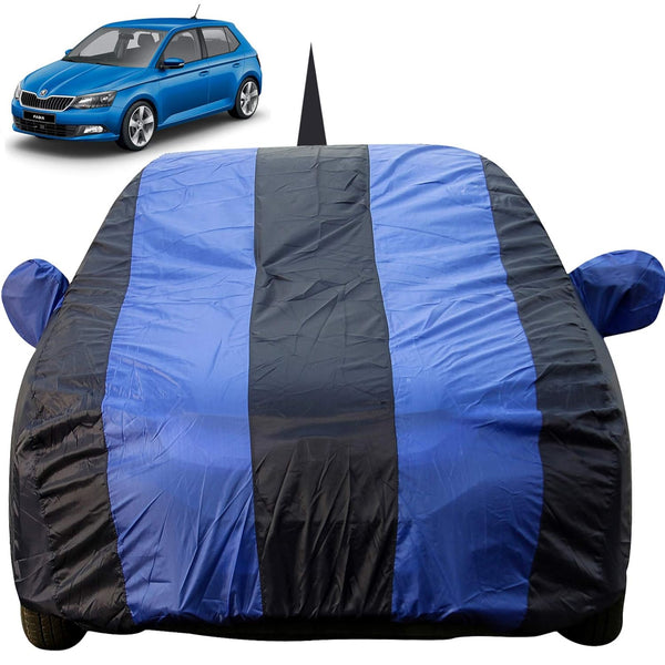 Autofact Fabia Car Cover - EasyShield - Car Body Cover for Skoda Fabia - With Mirror Pockets, Triple Stitched, Bottom Fully Elastic, Adjustable Belt and Buckle (Royal Blue Stripes)