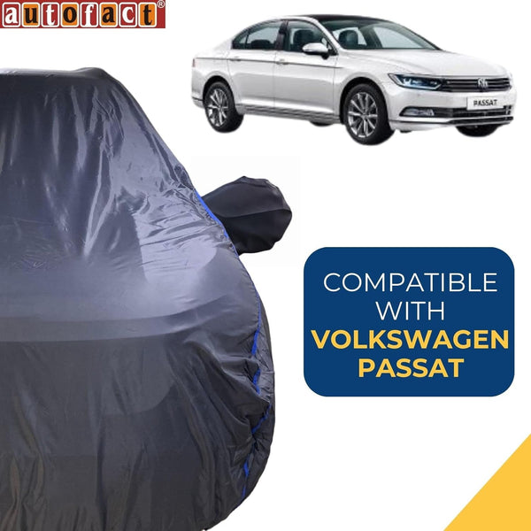 Autofact Passat Car Cover - CoreProtect - Water Resistant Car Body Cover for Volkswagen Passat - With Mirror Pockets, Triple Stitched, Bottom Fully Elastic, Adjustable Belt and Buckle (Grey 210D)
