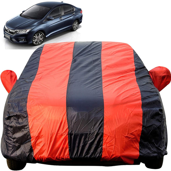 Autofact City Idtech Car Cover - EasyShield - Car Body Cover for Honda City Idtech - With Mirror Pockets, Triple Stitched, Bottom Fully Elastic, Adjustable Belt and Buckle (Red Blue Stripes)