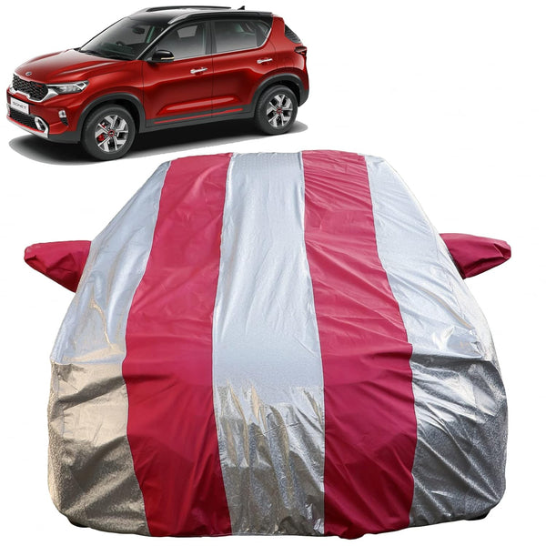 Autofact Sonet Car Cover - FlexGuard - Waterproof Car Body Cover for Kia Sonet - With Mirror Pockets, Triple Stitched, Bottom Fully Elastic, Adjustable Belt and Buckle (Silver / Pink Stripes)