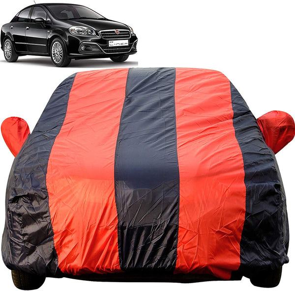 Autofact Linea Car Cover - EasyShield - Car Body Cover for Fiat Linea - With Mirror Pockets, Triple Stitched, Bottom Fully Elastic, Adjustable Belt and Buckle (Red Blue Stripes)
