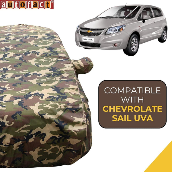 Autofact Sail UVA Car Cover - TearTough - Dog Proof / Waterproof Car Body Cover for Chevrolet Sail UVA - With Mirror Pockets, Triple Stitched, Bottom Fully Elastic, Adjustable Belt and Buckle (Jungle Print 4x4)