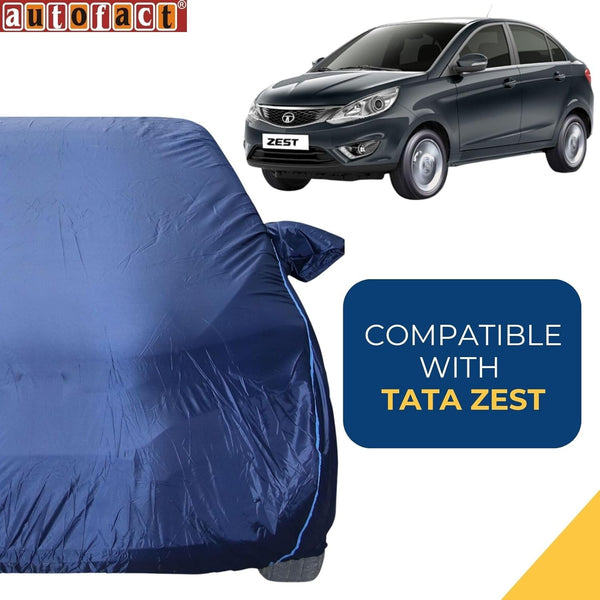 Autofact Zest Car Cover - CoreProtect - Water Resistant Car Body Cover for Tata Zest - With Mirror Pockets, Triple Stitched, Bottom Fully Elastic, Adjustable Belt and Buckle (Navy 210D)