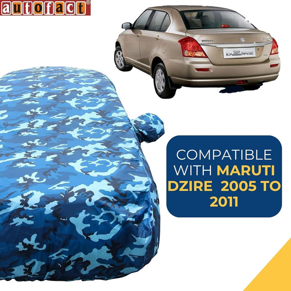 Autofact Swift Dzire Old Model Car Cover - TearTough - Dog Proof / Waterproof Car Body Cover for Maruti Swift Dzire Old Model - With Mirror Pockets, Triple Stitched, Bottom Fully Elastic, Adjustable Belt and Buckle (Airforce Blue 4x4)