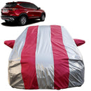 Autofact Seltos Car Cover - FlexGuard - Waterproof Car Body Cover for Kia Seltos - With Mirror Pockets, Triple Stitched, Bottom Fully Elastic, Adjustable Belt and Buckle (Silver / Pink Stripes)