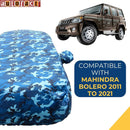 Autofact Bolero Car Cover - TearTough - Dog Proof / Waterproof Car Body Cover for Mahindra Bolero - With Mirror Pockets, Triple Stitched, Bottom Fully Elastic, Adjustable Belt and Buckle (Airforce Blue 4x4)