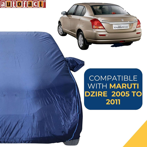 Autofact Swift Dzire Old Model Car Cover - CoreProtect - Water Resistant Car Body Cover for Maruti Swift Dzire Old Model - With Mirror Pockets, Triple Stitched, Bottom Fully Elastic, Adjustable Belt and Buckle (Navy 210D)