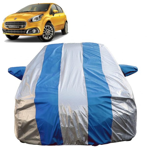 Autofact Punto Car Cover - FlexGuard - Waterproof Car Body Cover for Fiat Punto - With Mirror Pockets, Triple Stitched, Bottom Fully Elastic, Adjustable Belt and Buckle (Silver / Blue Stripes)