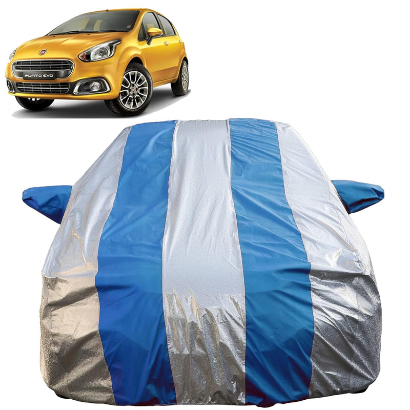 Autofact Punto Car Cover - FlexGuard - Waterproof Car Body Cover for Fiat Punto - With Mirror Pockets, Triple Stitched, Bottom Fully Elastic, Adjustable Belt and Buckle (Silver / Blue Stripes)