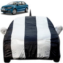 Autofact Ameo Car Cover - EasyShield - Car Body Cover for Volkswagen Ameo - With Mirror Pockets, Triple Stitched, Bottom Fully Elastic, Adjustable Belt and Buckle (White Blue Stripes)