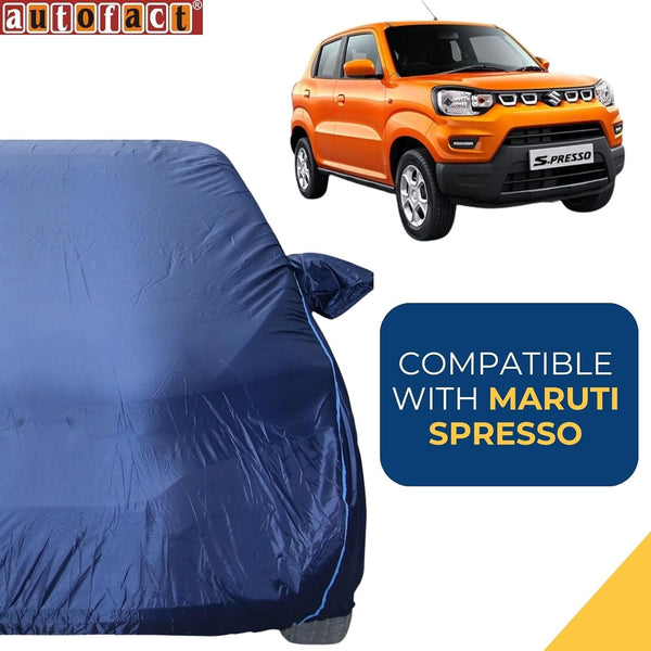 Autofact Spresso Car Cover - CoreProtect - Water Resistant Car Body Cover for Maruti Spresso - With Mirror Pockets, Triple Stitched, Bottom Fully Elastic, Adjustable Belt and Buckle (Navy 210D)
