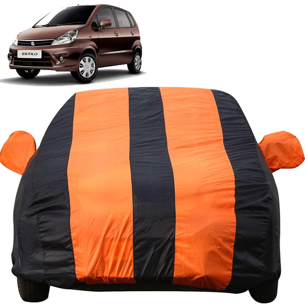 Autofact Zen Estilo Car Cover - EasyShield - Car Body Cover for Maruti Zen Estilo - With Mirror Pockets, Triple Stitched, Bottom Fully Elastic, Adjustable Belt and Buckle (Orange Blue Stripes)