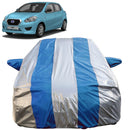 Autofact Datsun Go Car Cover - FlexGuard - Waterproof Car Body Cover for Nissan Datsun Go - With Mirror Pockets, Triple Stitched, Bottom Fully Elastic, Adjustable Belt and Buckle (Silver / Blue Stripes)