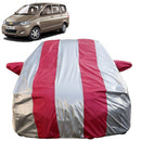 Autofact Enjoy Car Cover - FlexGuard - Waterproof Car Body Cover for Chevrolet Enjoy - With Mirror Pockets, Triple Stitched, Bottom Fully Elastic, Adjustable Belt and Buckle (Silver / Pink Stripes)