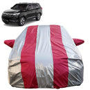 Autofact Xuv 700 Car Cover - FlexGuard - Waterproof Car Body Cover for Mahindra Xuv 700 - With Mirror Pockets, Triple Stitched, Bottom Fully Elastic, Adjustable Belt and Buckle (Silver / Pink Stripes)