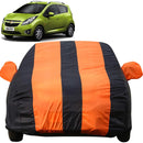 Autofact Beat Car Cover - EasyShield - Car Body Cover for Chevrolet Beat - With Mirror Pockets, Triple Stitched, Bottom Fully Elastic, Adjustable Belt and Buckle (Orange Blue Stripes)