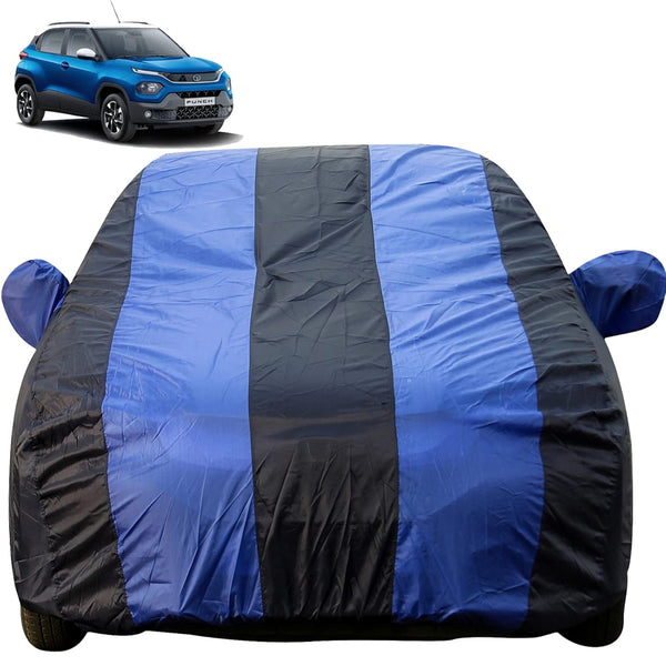 Autofact Punch Car Cover - EasyShield - Car Body Cover for Tata Punch - With Mirror Pockets, Triple Stitched, Bottom Fully Elastic, Adjustable Belt and Buckle (Royal Blue Stripes)