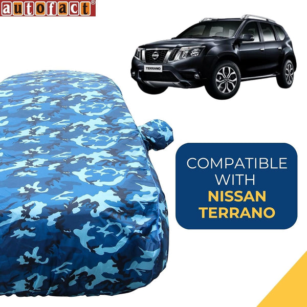 Autofact Terrano Car Cover - TearTough - Dog Proof / Waterproof Car Body Cover for Nissan Terrano - With Mirror Pockets, Triple Stitched, Bottom Fully Elastic, Adjustable Belt and Buckle (Airforce Blue 4x4)