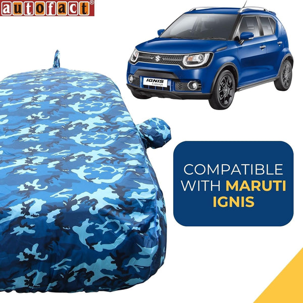 Autofact Ignis Car Cover - TearTough - Car Body Cover for Maruti Ignis  - With Mirror & Antenna Pockets, Triple Stitched, Bottom Fully Elastic, Adjustable Belt and Buckle (Airforce Blue 4x4)