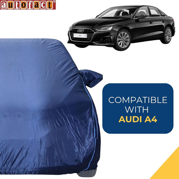 Autofact A4 Car Cover - CoreProtect - Water Resistant Car Body Cover for Audi A4 - With Mirror Pockets, Triple Stitched, Bottom Fully Elastic, Adjustable Belt and Buckle (Navy 210D)