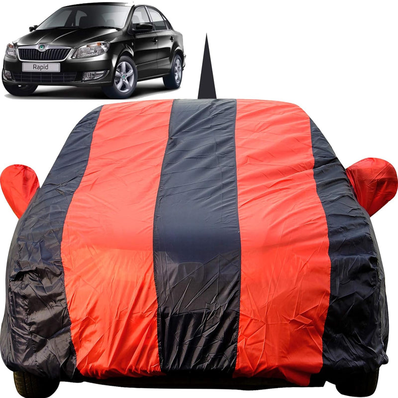 Autofact Rapid Car Cover - EasyShield - Car Body Cover for Skoda Rapid - With Mirror Pockets, Triple Stitched, Bottom Fully Elastic, Adjustable Belt and Buckle (Red Blue Stripes)