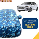 Autofact Ioniq Car Cover - TearTough - Dog Proof / Waterproof Car Body Cover for Hyundai Ioniq - With Mirror Pockets, Triple Stitched, Bottom Fully Elastic, Adjustable Belt and Buckle (Airforce Blue 4x4)