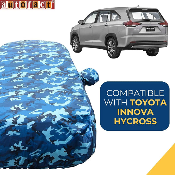 Autofact Innova Hycross Car Cover - TearTough - Dog Proof / Waterproof Car Body Cover for Toyota Innova Hycross - With Mirror Pockets, Triple Stitched, Bottom Fully Elastic, Adjustable Belt and Buckle (Airforce Blue 4x4)