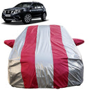 Autofact Terrano Car Cover - FlexGuard - Waterproof Car Body Cover for Nissan Terrano - With Mirror Pockets, Triple Stitched, Bottom Fully Elastic, Adjustable Belt and Buckle (Silver / Pink Stripes)
