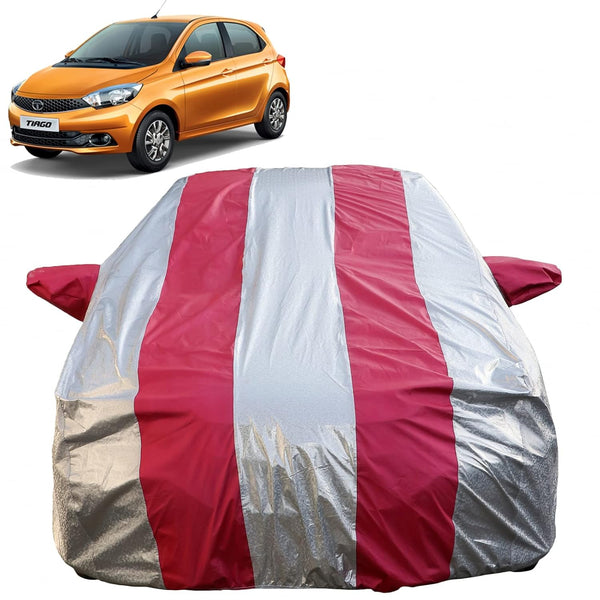 Autofact Tiago Car Cover - FlexGuard - Waterproof Car Body Cover for Tata Tiago - With Mirror Pockets, Triple Stitched, Bottom Fully Elastic, Adjustable Belt and Buckle (Silver / Pink Stripes)