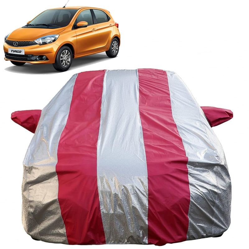 Autofact Tiago Car Cover - FlexGuard - Waterproof Car Body Cover for Tata Tiago - With Mirror Pockets, Triple Stitched, Bottom Fully Elastic, Adjustable Belt and Buckle (Silver / Pink Stripes)
