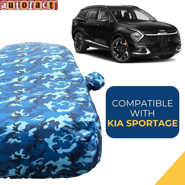 Autofact Sportage Car Cover - TearTough - Dog Proof / Waterproof Car Body Cover for Kia Sportage - With Mirror Pockets, Triple Stitched, Bottom Fully Elastic, Adjustable Belt and Buckle (Airforce Blue 4x4)