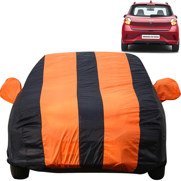 Autofact Grand I10 Nios Car Cover - EasyShield - Car Body Cover for Hyundai Grand I10 Nios - With Mirror Pockets, Triple Stitched, Bottom Fully Elastic, Adjustable Belt and Buckle (Orange Blue Stripes)