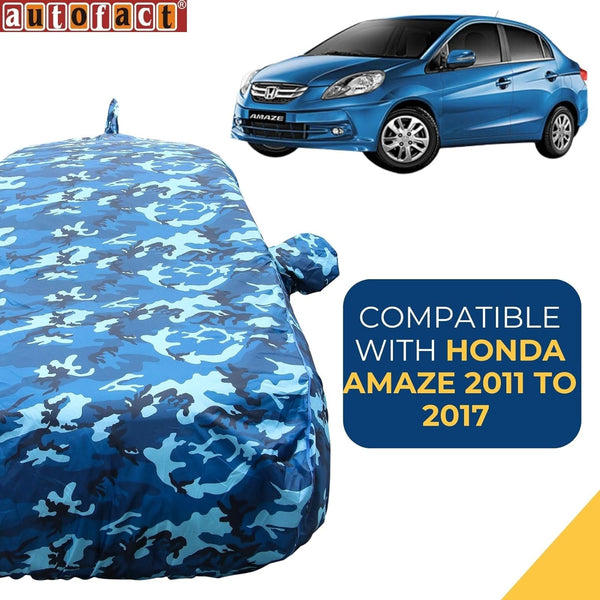 Autofact Amaze Old Model Car Cover - TearTough - Dog Proof / Waterproof Car Body Cover for Honda Amaze Old Model - With Mirror & Antenna Pockets, Triple Stitched, Bottom Fully Elastic, Adjustable Belt and Buckle (Airforce Blue 4x4)