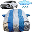 Autofact Ioniq Car Cover - FlexGuard - Waterproof Car Body Cover for Hyundai Ioniq - With Mirror Pockets, Triple Stitched, Bottom Fully Elastic, Adjustable Belt and Buckle (Silver / Blue Stripes)