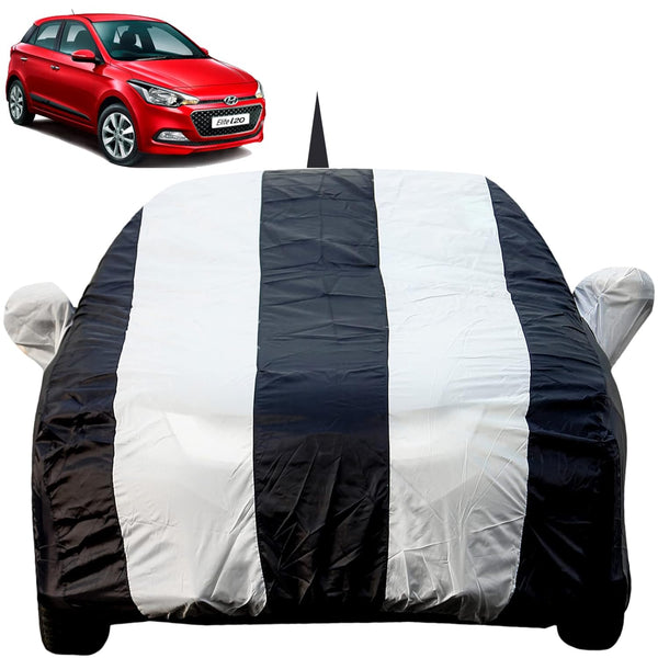 Autofact Elite I20 Car Cover - EasyShield - Car Body Cover for Hyundai Elite I20 - With Mirror Pockets, Triple Stitched, Bottom Fully Elastic, Adjustable Belt and Buckle (White Blue Stripes)