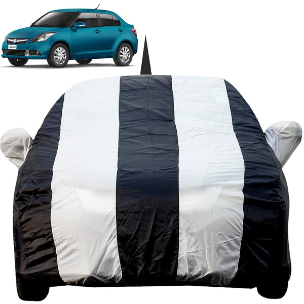 Autofact Swift Dzire 2012 to 2016 Car Cover - EasyShield - Car Body Cover for Maruti Swift Dzire 2012 to 2016 - With Mirror Pockets, Triple Stitched, Bottom Fully Elastic, Adjustable Belt and Buckle (White Blue Stripes)