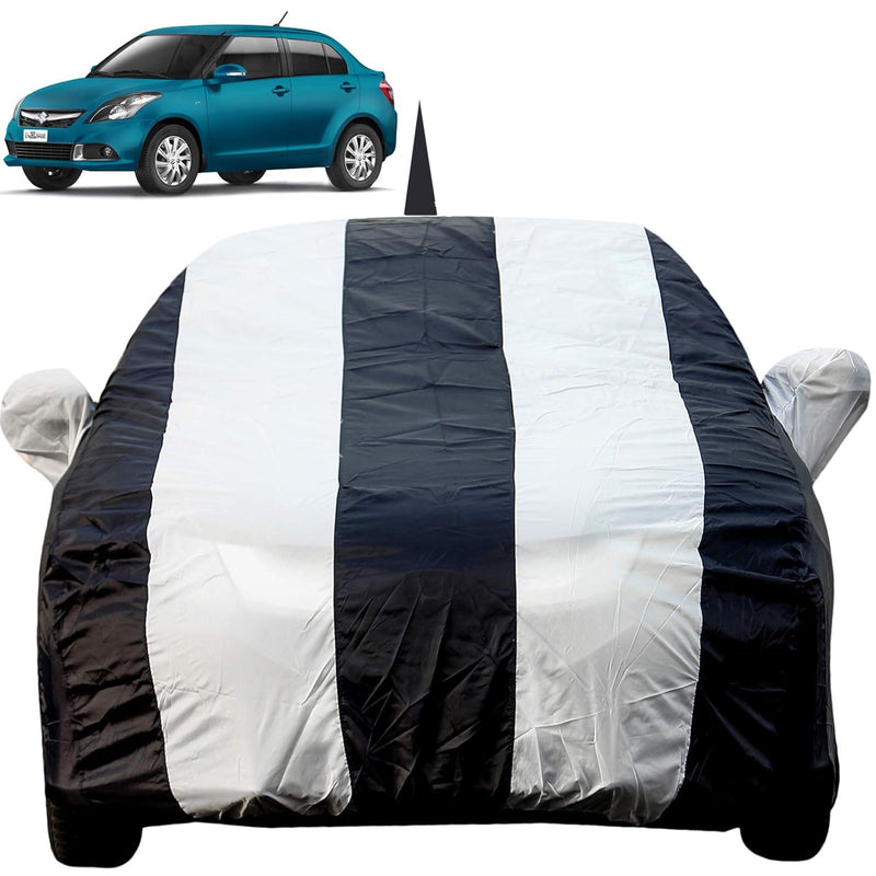 Autofact Swift Dzire 2012 to 2016 Car Cover - EasyShield - Car Body Cover for Maruti Swift Dzire 2012 to 2016 - With Mirror Pockets, Triple Stitched, Bottom Fully Elastic, Adjustable Belt and Buckle (White Blue Stripes)